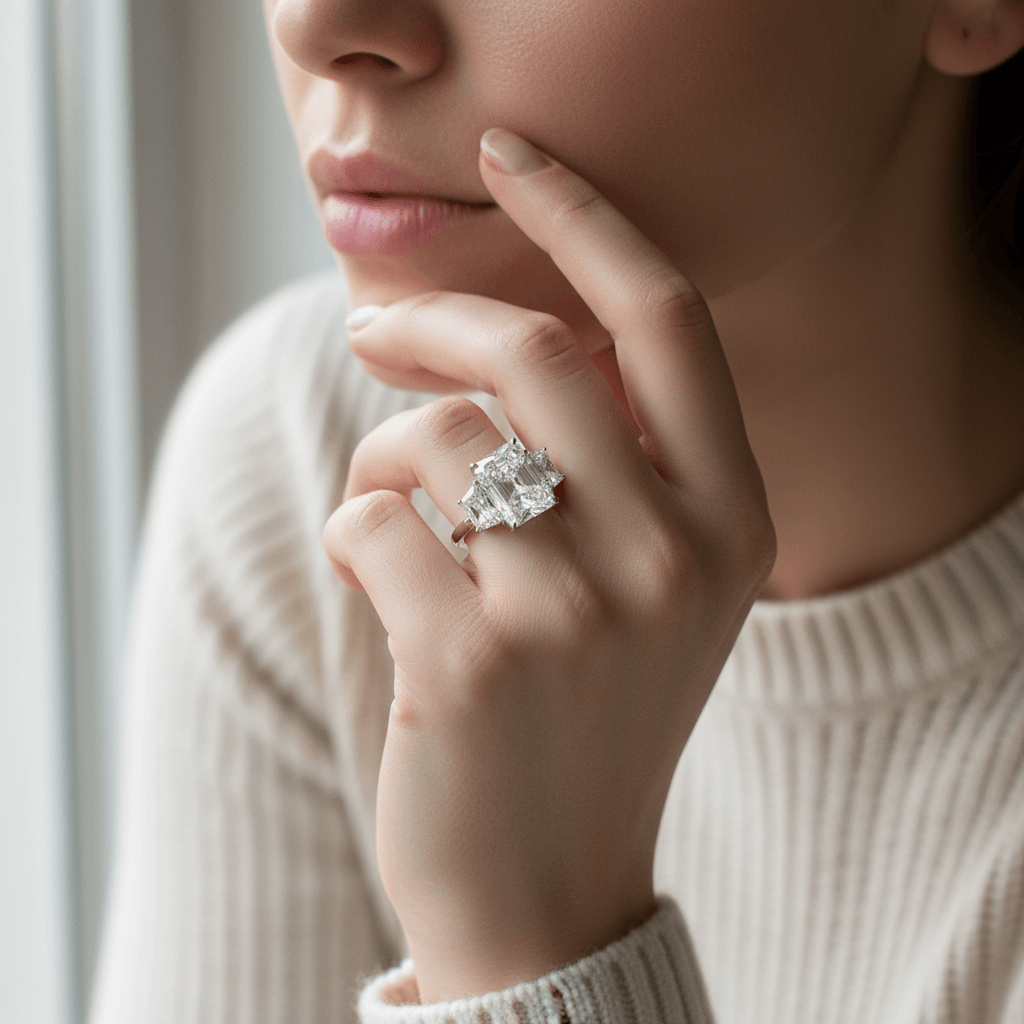 Large Radiant Cut Trapezoids Trilogy Diamond Engagement Ring - alternate view