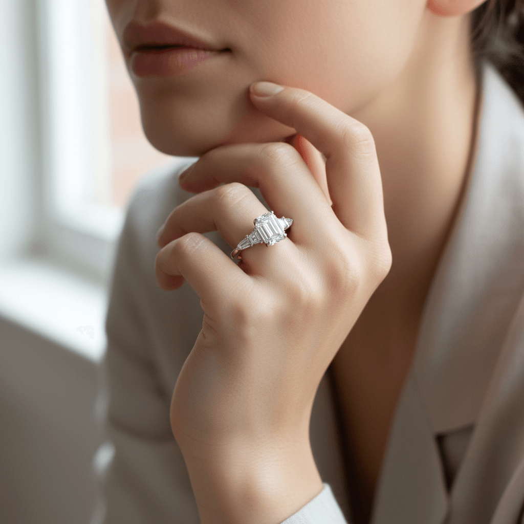 Emerald Cut Trapezoid and Bullets Side Diamond Engagement Ring - alternate view