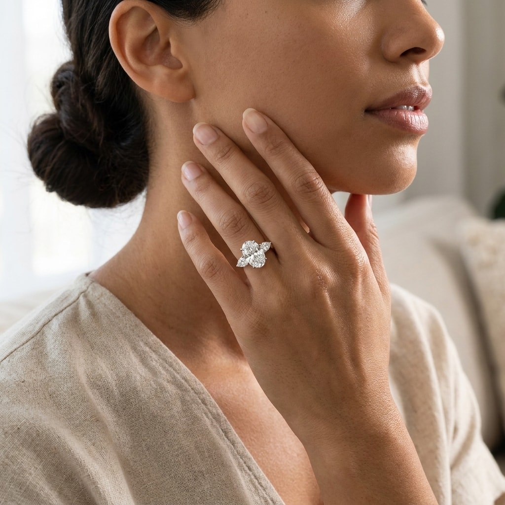Large Oval Shape Pear Side Stones Diamond Engagement Ring - alternate view