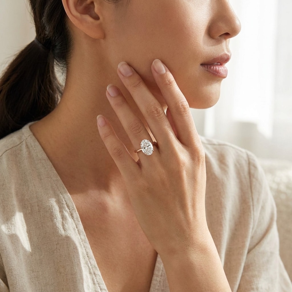 Oval Shape Rose Gold Solitaire Diamond Engagement Ring - alternate view