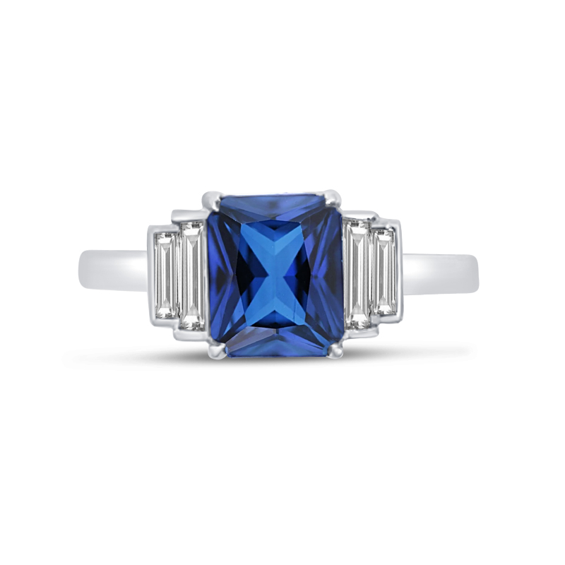 Best 3 Stone Ring in Platinum + 8 x 6 mm Blue Sapphire and Diamonds -  Catherine Iskiw Designs