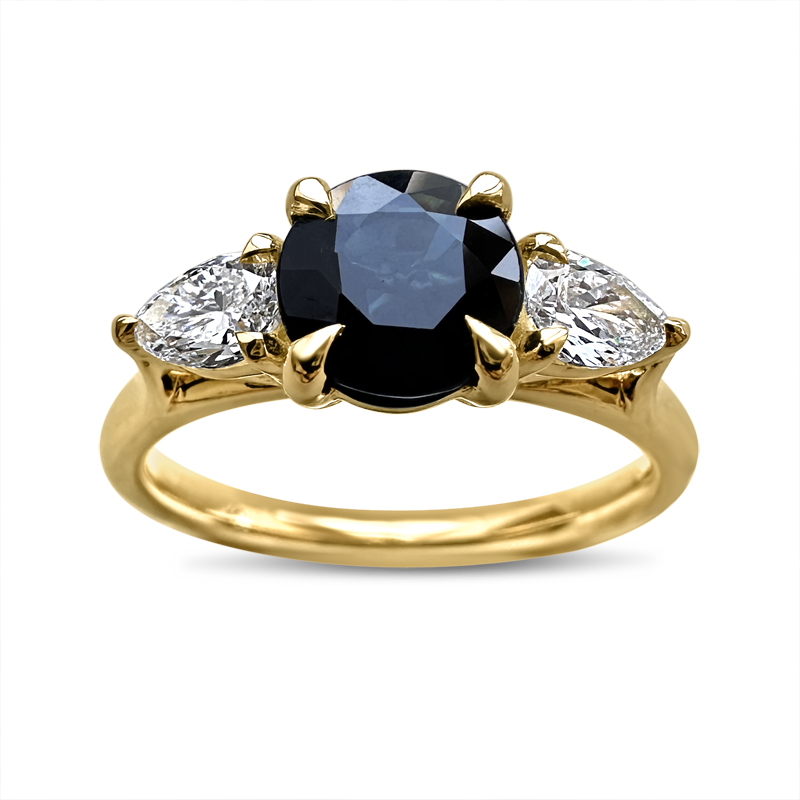 Round Blue Sapphire and Pear Diamond Trilogy Engagement Ring 