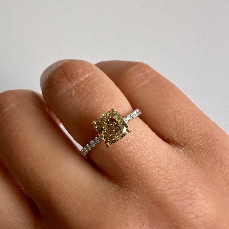 Lab Grown Yellow Diamond Cushion Micro Setting Engagement Ring